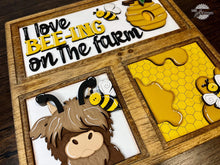 Load image into Gallery viewer, Highland Bee Interchangeable Leaning Sign File SVG, Cow, Farm, Honey, Glowforge, LuckyHeartDesignsCo
