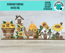 Load image into Gallery viewer, Sunflower Standing Houses File SVG, Glowforge, Flower, Teapot, Fairy, Bird house, LuckyHeartDesignsCo
