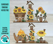 Load image into Gallery viewer, Sunflower Standing Houses File SVG, Glowforge, Flower, Teapot, Fairy, Bird house, LuckyHeartDesignsCo
