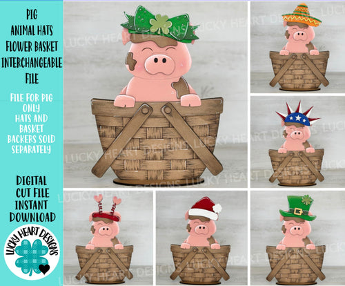 Pig Animal Hats Flower Basket Interchangeable File SVG, Farm, Christmas, Fall, Halloween, Tiered Tray, Glowforge, LuckyHeartDesignsCo
