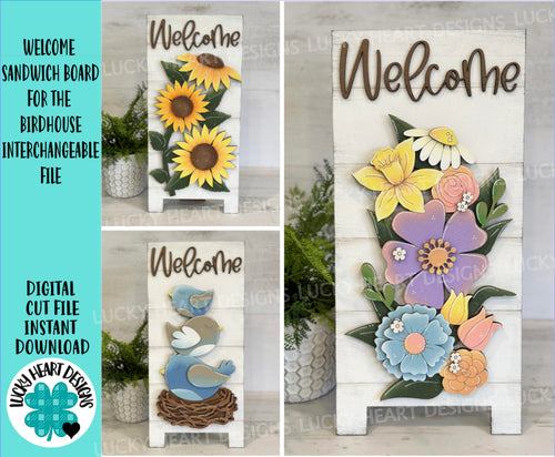 Welcome Sandwich Board for the Birdhouse Interchangeable File SVG, Glowforge, Seasonal, Holiday Shapes, Spring, LuckyHeartDesignsCo