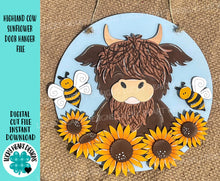 Load image into Gallery viewer, Highland Cow Sunflower Door Hanger File SVG, Summer, Fall, Farm Glowforge, LuckyHeartDesignsCo
