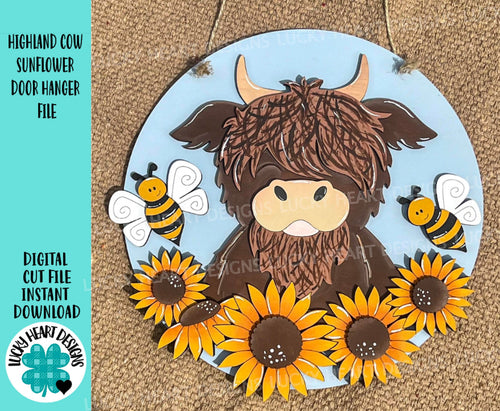 Highland Cow Sunflower Door Hanger File SVG, Summer, Fall, Farm Glowforge, LuckyHeartDesignsCo
