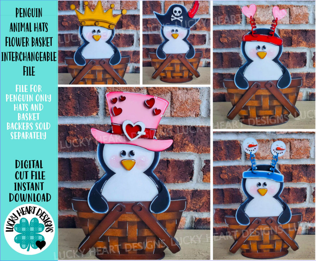 Penguin Animal Hats Flower Basket Interchangeable File SVG, Christmas, Fall, Halloween, Tiered Tray, Glowforge, LuckyHeartDesignsCo