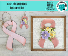 Load image into Gallery viewer, Cancer Floral Ribbon Sign File SVG, Glowforge, Awareness, Fundraiser, LuckyHeartDesignsCO
