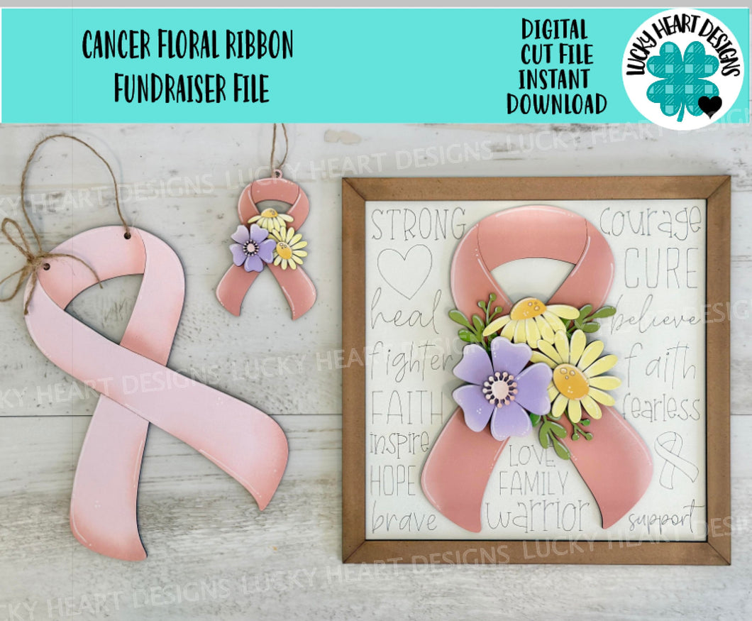 Cancer Floral Ribbon Sign File SVG, Glowforge, Awareness, Fundraiser, LuckyHeartDesignsCO