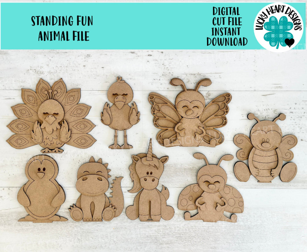 Standing Fun Animal File SVG, Zoo, Nursery, Peacock, Flamingo, Bee, Unicorn, Dino, Ladybug, Tiered Tray Glowforge, LuckyHeartDesignsCo