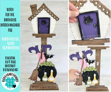 Load image into Gallery viewer, Witch for the Birdhouse Interchangeable File SVG, Glowforge, Pumpkin Trick or Treat, Ghost Seasonal, Holiday Shapes, LuckyHeartDesignsCo
