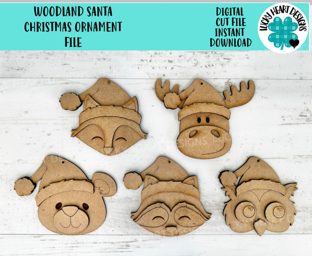 Woodland Santa Ornament File SVG, Glowforge, Moose, Fox, Bear, Raccoon, Owl, Animal, Baby Christmas, LuckyHeartDesignsCo