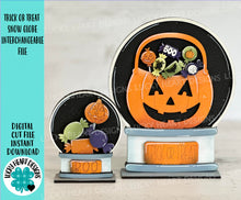 Load image into Gallery viewer, Trick Or Treat Snow Globe Interchangeable File SVG, TINY Glowforge, Pumpkin Fall, Halloween, Candy, Tiered Tray LuckyHeartDesignsCo
