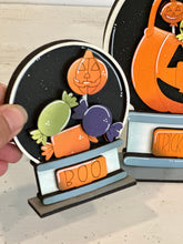 Load image into Gallery viewer, Trick Or Treat Snow Globe Interchangeable File SVG, TINY Glowforge, Pumpkin Fall, Halloween, Candy, Tiered Tray LuckyHeartDesignsCo
