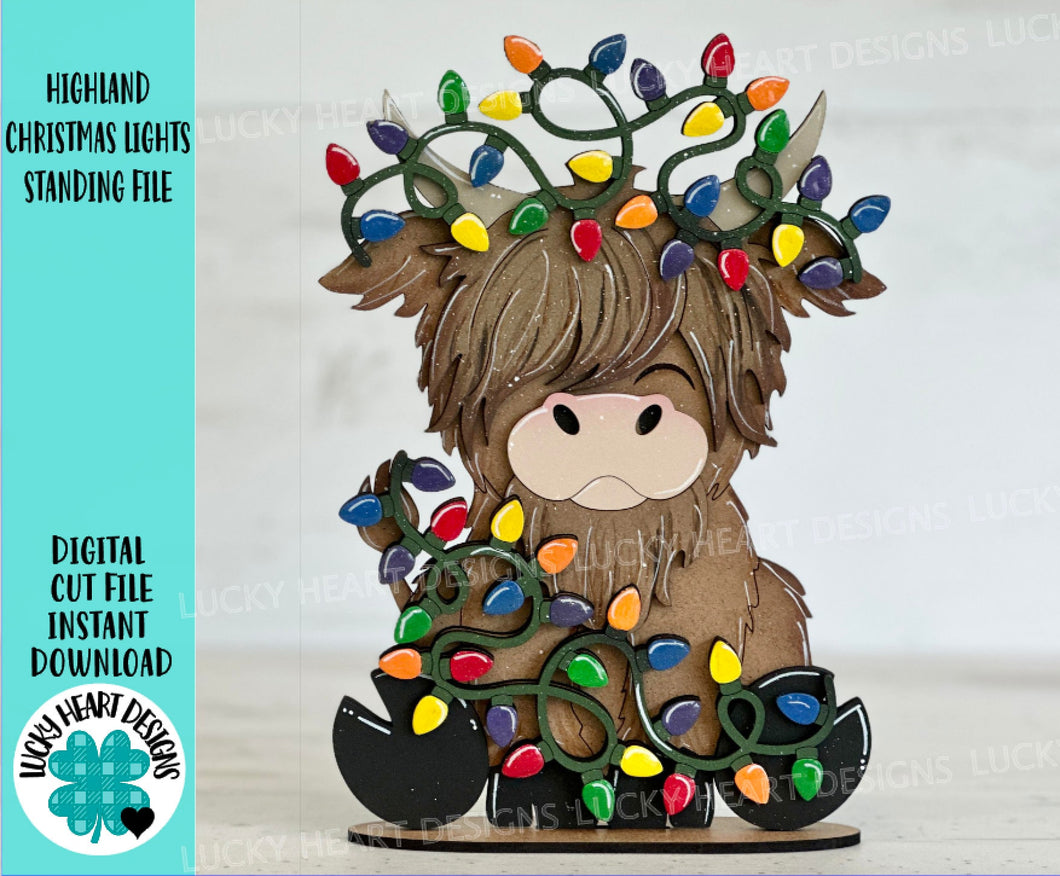 Highland Christmas Lights Standing File SVG, Cow, Holiday, Tree, Ornament, Farm, Tiered Tray Glowforge, LuckyHeartDesignsCo