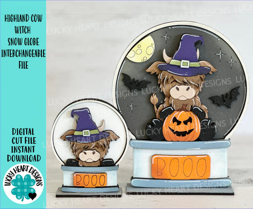 Highland Cow Witch Snow Globe Interchangeable File SVG, TINY Glowforge, Pumpkin Fall, Halloween, Trick Or Treat, LuckyHeartDesignsCo