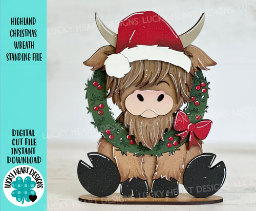 Highland Christmas Wreath Standing File SVG, Cow, Holiday, Tree, Ornament, Farm, Tiered Tray Glowforge, LuckyHeartDesignsCo