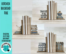 Load image into Gallery viewer, Kitchen Bookend File SVG, Glowforge, Reading, Books, Library, School, Home, Cookbook, Baking, Cooking, LuckyHeartDesignsCo
