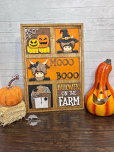 Load image into Gallery viewer, Highland Cow Halloween Interchangeable Leaning Sign File SVG, Glowforge Tiered Tray, Farm, Barn, Bat, Pumpkin, LuckyHeartDesignsCo
