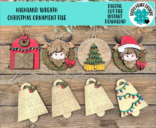 Highland Wreath Christmas Ornament File SVG, Glowforge, Cow, Cowbell, Farm, LuckyHeartDesignsCo