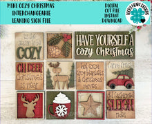 Load image into Gallery viewer, MINI Cozy Christmas Interchangeable Leaning Sign File SVG, Farmhouse, Deer, Tree, Hot Cocoa, Tiered Tray Glowforge, LuckyHeartDesignsCo
