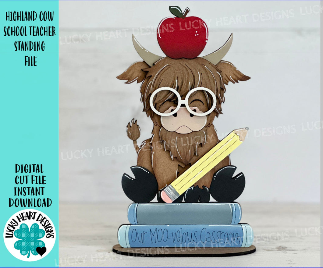 Highland Cow School Teacher Standing File SVG, Apple, Pencil, Classroom, Farm, Tiered Tray Glowforge, LuckyHeartDesignsCo