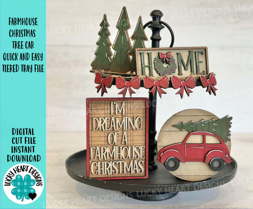 Farmhouse Christmas Tree Car Quick and Easy Tiered Tray File SVG, Holiday Truck Tier Tray Glowforge, LuckyHeartDesignsCo