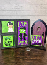 Load image into Gallery viewer, Frankenstein Halloween Interchangeable Leaning Sign File SVG, Trick or Treat, Monster, Glowforge Tiered Tray, LuckyHeartDesignsCo
