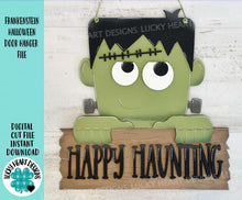 Load image into Gallery viewer, Frankenstein Halloween Door Hanger Sign File, Glowforge, Monster, Trick or Treat, LuckyHeartDesignsCo
