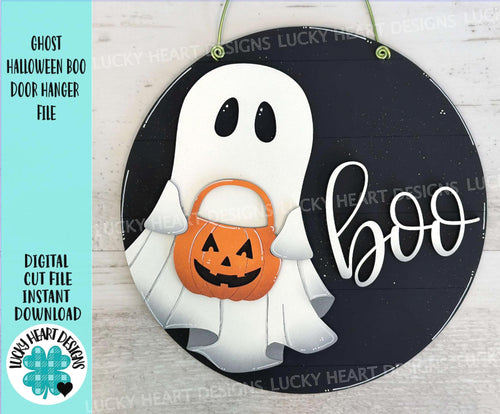 Ghost Halloween Boo Door Hanger Sign File, Glowforge Jack o Lantern, Trick or Treat, LuckyHeartDesignsCo