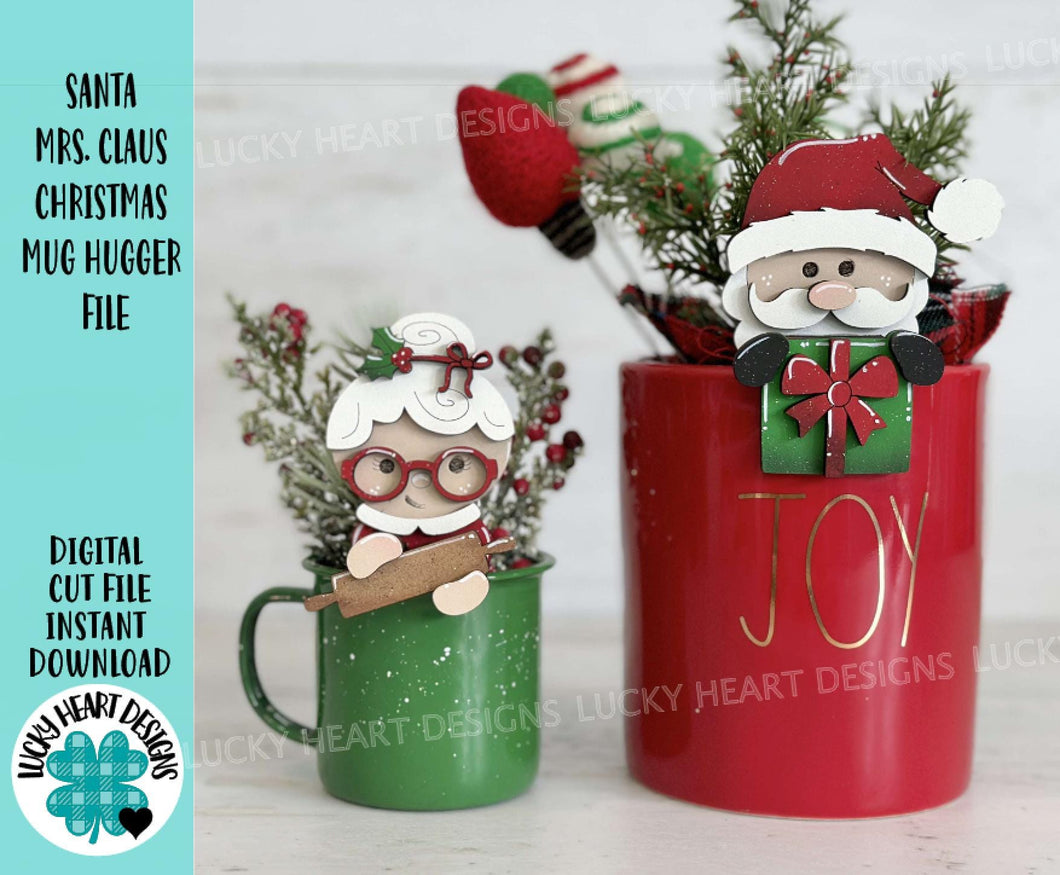 Santa Mrs. Claus Christmas Mug Hugger File SVG, Glowforge Tiered Tray, Tray Decor, Holiday, Topper, LuckyHeartDesignsCo