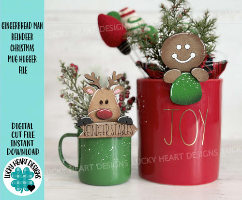 Gingerbread Man Reindeer Christmas Mug Hugger File SVG, Glowforge Tiered Tray, Tray Decor, Holiday, Topper, LuckyHeartDesignsCo