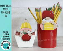 Load image into Gallery viewer, Gnome Teacher School Mug Hugger File SVG, Glowforge Tiered Tray, Tray Decor, Pencil, Apple, Gift, Topper, LuckyHeartDesignsCo
