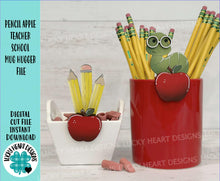 Load image into Gallery viewer, Pencil Apple Teacher School Mug Hugger File SVG, Glowforge Tiered Tray, Tray Decor, Bookworm, Gift, Topper, LuckyHeartDesignsCo
