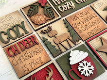 Load image into Gallery viewer, MINI Cozy Christmas Interchangeable Leaning Sign File SVG, Farmhouse, Deer, Tree, Hot Cocoa, Tiered Tray Glowforge, LuckyHeartDesignsCo
