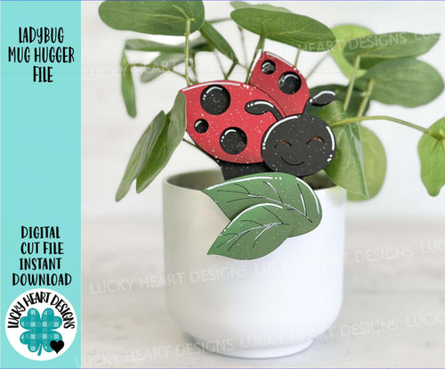 Ladybug Mug Hugger File SVG, Glowforge Tiered Tray, Tray Decor, Spring, Bug, Plant Hugger, Leaves, Gift, Topper, LuckyHeartDesignsCo