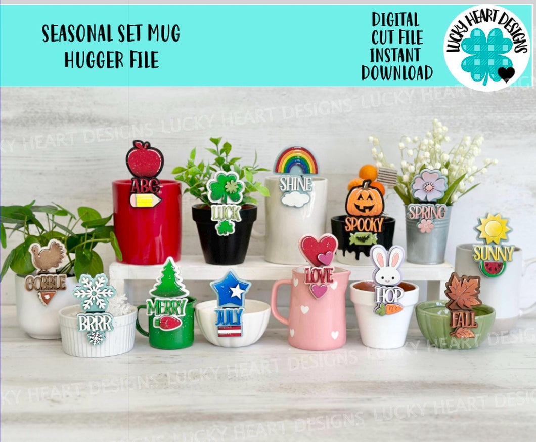 Seasonal Set Mug Hugger File SVG, Glowforge Tiered Tray, Tray Decor, Christmas, Fall, Halloween, Spring Holiday, Topper, LuckyHeartDesignsCo