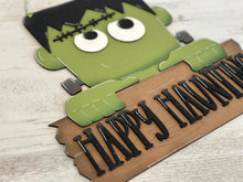 Load image into Gallery viewer, Frankenstein Halloween Door Hanger Sign File, Glowforge, Monster, Trick or Treat, LuckyHeartDesignsCo
