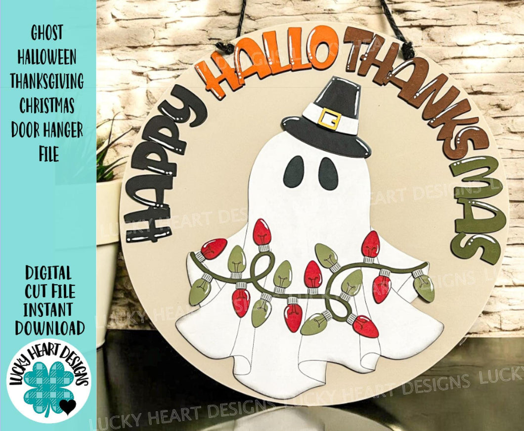 Ghost Halloween Thanksgiving Christmas Door Hanger File SVG, Glowforge, Holiday, Decor Sign, Pilgrim, Lights, LuckyHeartDesignsCO