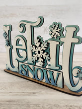 Load image into Gallery viewer, Let it Snow Shelf Sitter Standing Sign File SVG, Snowflake, Snowman, Winter, Mantle decor, Centerpiece, glowforge, LuckyHeartDesignsCo
