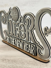 Load image into Gallery viewer, Cheers New Years Shelf Sitter Standing Sign File SVG, Celebrate, January, Mantle decor, Centerpiece, glowforge, LuckyHeartDesignsCo
