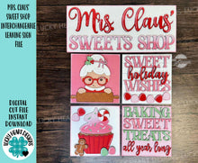 Load image into Gallery viewer, Mrs. Claus&#39; Sweet Shop Christmas Interchangeable Leaning Sign File SVG, Santa, Gingerbread, Candy, Cupcake, Glowforge, LuckyHeartDesignsCo
