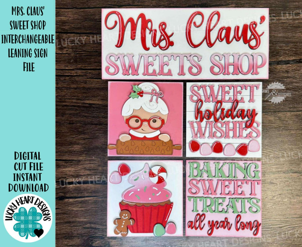Mrs. Claus' Sweet Shop Christmas Interchangeable Leaning Sign File SVG, Santa, Gingerbread, Candy, Cupcake, Glowforge, LuckyHeartDesignsCo