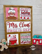 Load image into Gallery viewer, Mrs. Claus&#39; Sweet Shop Christmas Interchangeable Leaning Sign File SVG, Santa, Gingerbread, Candy, Cupcake, Glowforge, LuckyHeartDesignsCo
