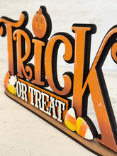 Load image into Gallery viewer, Trick Or Treat Shelf Sitter Standing Sign File SVG, Fall Glowforge, Candy Corn, Halloween, Candy, Mantle Decor, LuckyHeartDesignsCo
