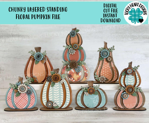 Chunky Layered Standing Floral Pumpkin File SVG, Fall Glowforge, Shelf Sitter, Gourd, Flower, LuckyHeartDesignsCo