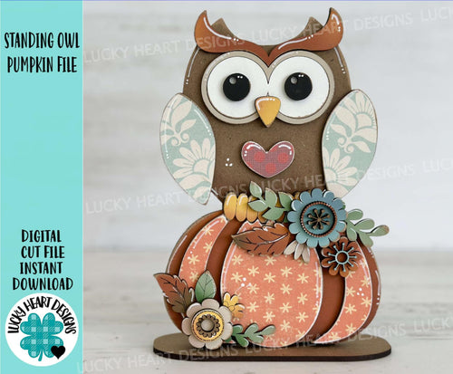 Standing Owl Chunky Floral Pumpkin File SVG, Fall Glowforge, Shelf Sitter, Gourd, Flower, LuckyHeartDesignsCo