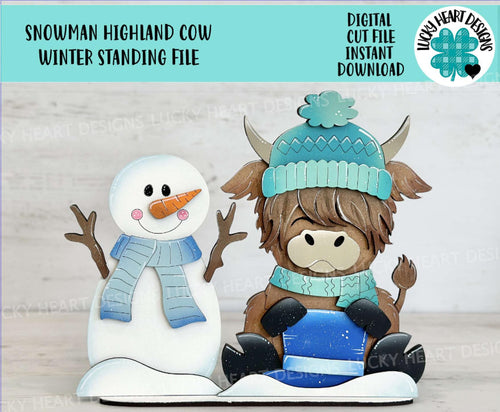 Snowman Highland Cow Winter Standing File SVG, Snowflake, Farm, Frosty, Holiday, Tiered Tray, Glowforge, LuckyHeartDesignsCo