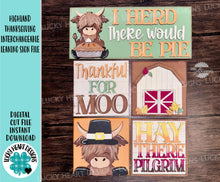 Load image into Gallery viewer, Highland Cow Thanksgiving Interchangeable Leaning Sign File SVG, Glowforge, Farm, Pie, Leaves, Leaf, Autumn, LuckyHeartDesignsCo
