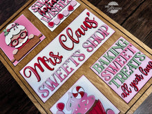 Load image into Gallery viewer, Mrs. Claus&#39; Sweet Shop Christmas Interchangeable Leaning Sign File SVG, Santa, Gingerbread, Candy, Cupcake, Glowforge, LuckyHeartDesignsCo
