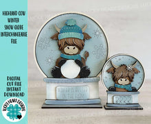 Load image into Gallery viewer, Winter Highland Cow Snow Globe Interchangeable File SVG, TINY, Glowforge, Tiered Tray, Snowman, Farm, LuckyHeartDesignsCo
