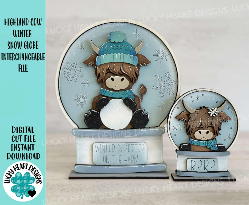 Winter Highland Cow Snow Globe Interchangeable File SVG, TINY, Glowforge, Tiered Tray, Snowman, Farm, LuckyHeartDesignsCo