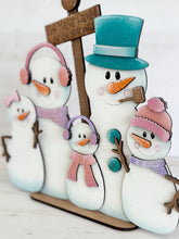 Load image into Gallery viewer, Snowman Family Standing Shelf Sitter File SVG, Glowforge Snowmen Personalized Winter Decor LuckyHeartDesignsCo
